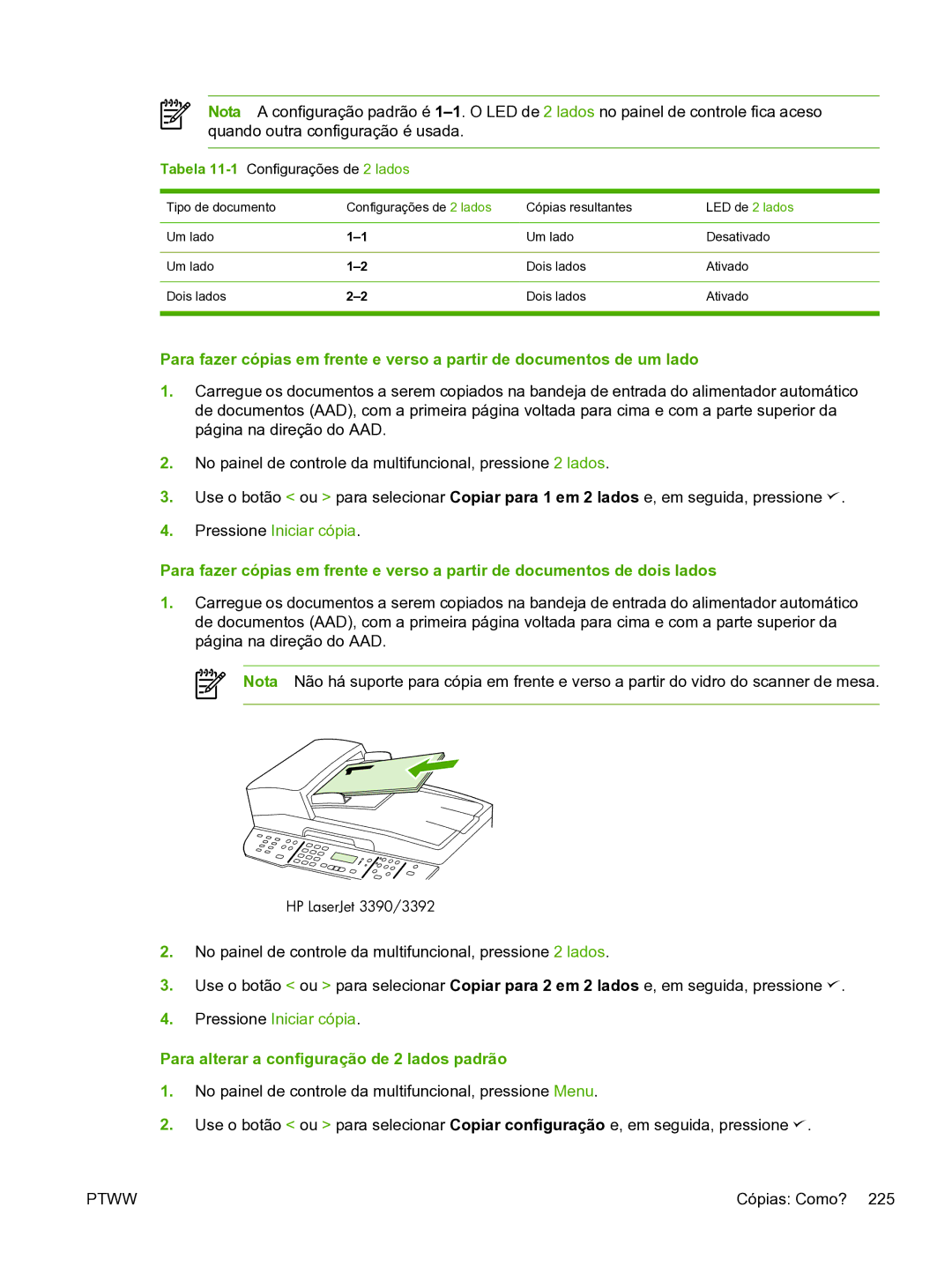 HP manual Tabela 11-1Configurações de 2 lados, HP LaserJet 3390/3392 