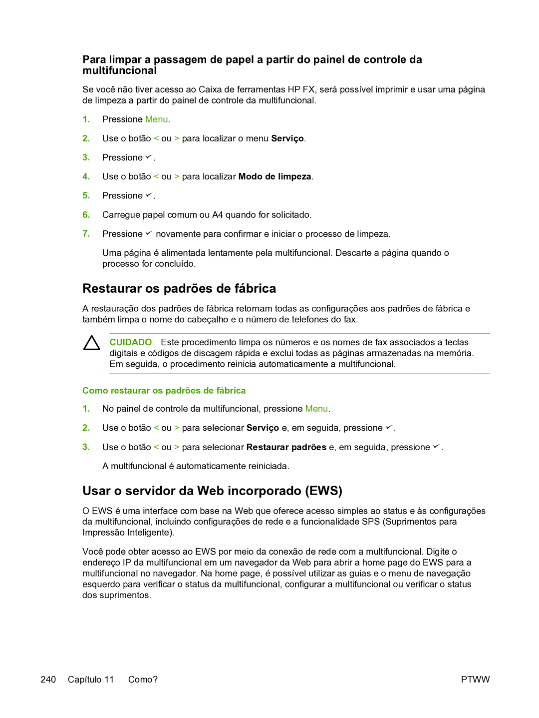 HP 3390 Restaurar os padrões de fábrica, Usar o servidor da Web incorporado EWS, Como restaurar os padrões de fábrica 