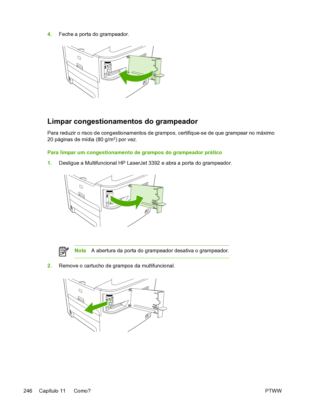 HP 3390 manual Limpar congestionamentos do grampeador 