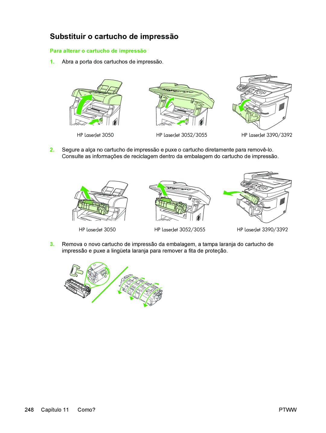 HP 3390 manual Substituir o cartucho de impressão, Para alterar o cartucho de impressão, HP LaserJet HP LaserJet 3052/3055 