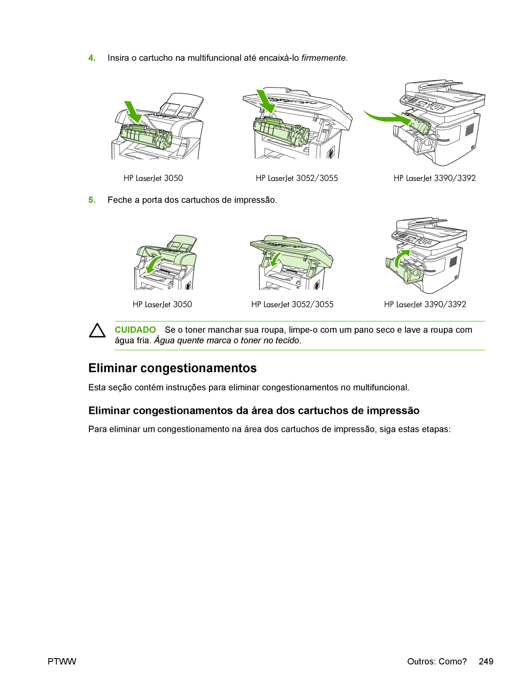 HP manual Eliminar congestionamentos, HP LaserJet HP LaserJet 3052/3055 HP LaserJet 3390/3392 