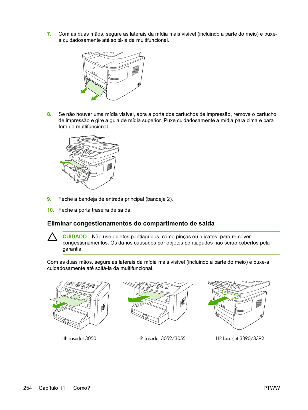 HP 3390 manual Eliminar congestionamentos do compartimento de saída, HP LaserJet HP LaserJet 3052/3055 