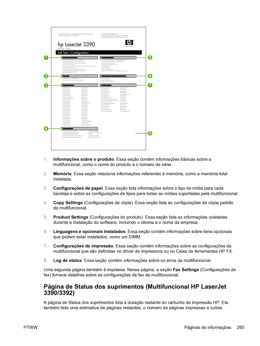 HP 3390 manual Páginas de informações 