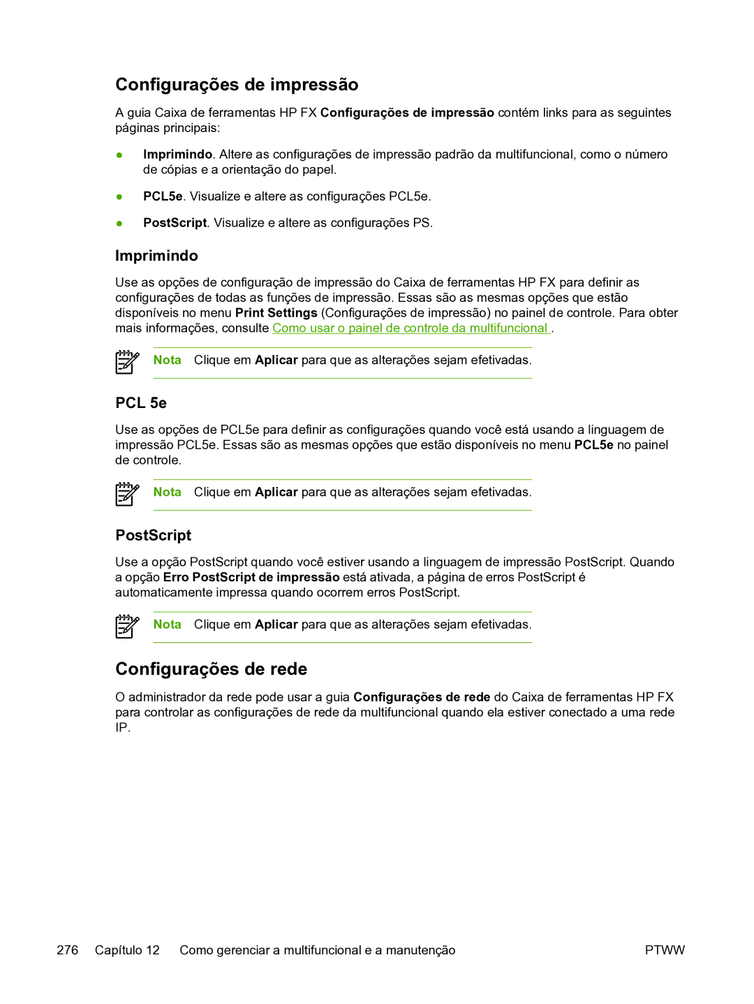 HP 3390 manual Configurações de impressão, Configurações de rede, Imprimindo, PCL 5e, PostScript 