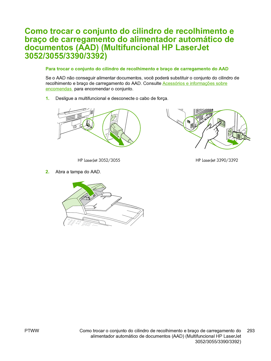 HP 3390 manual Abra a tampa do AAD 