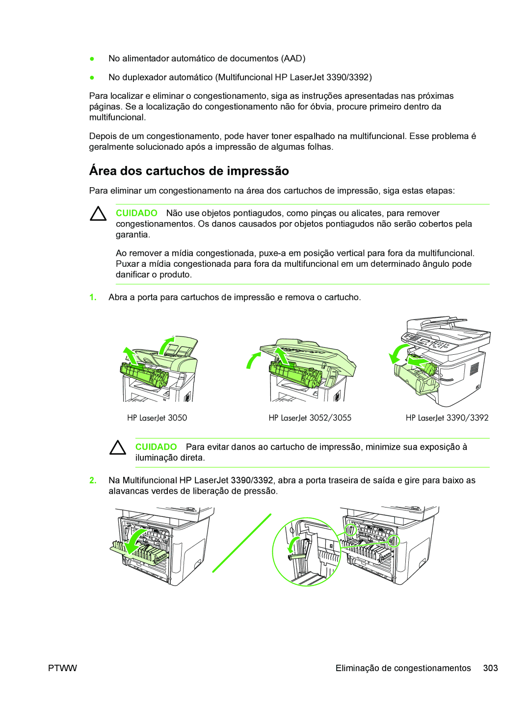 HP 3390 manual Área dos cartuchos de impressão, HP LaserJet HP LaserJet 3052/3055 