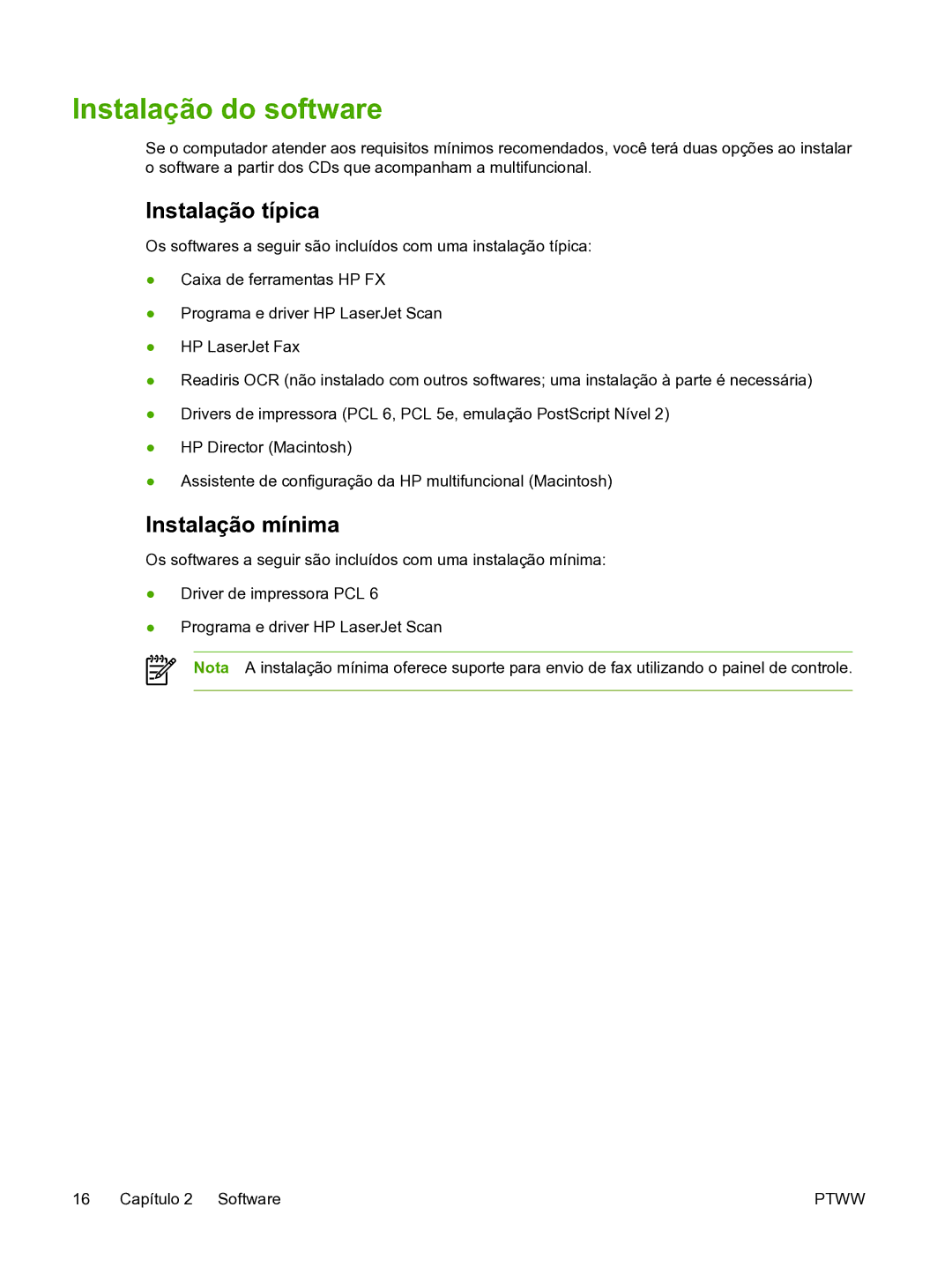 HP 3390 manual Instalação do software, Instalação típica, Instalação mínima 