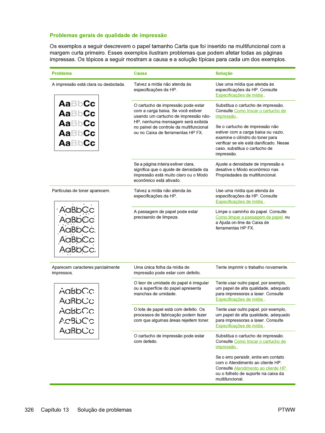 HP 3390 manual Problemas gerais de qualidade de impressão, Problema Causa 