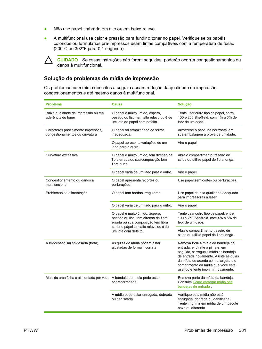 HP 3390 manual Solução de problemas de mídia de impressão, Problema Causa Solução 