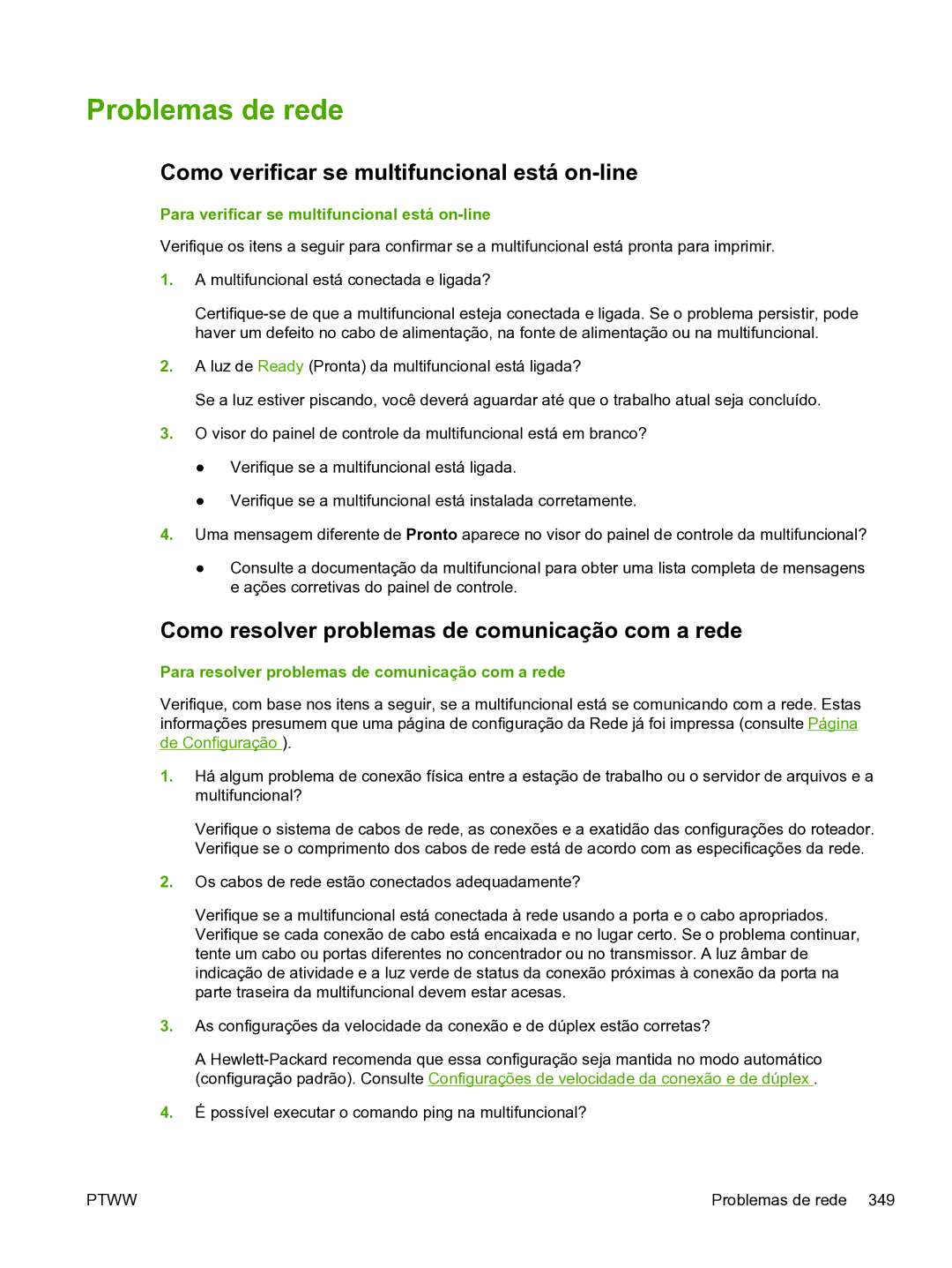 HP 3390 Problemas de rede, Como verificar se multifuncional está on-line, Para verificar se multifuncional está on-line 