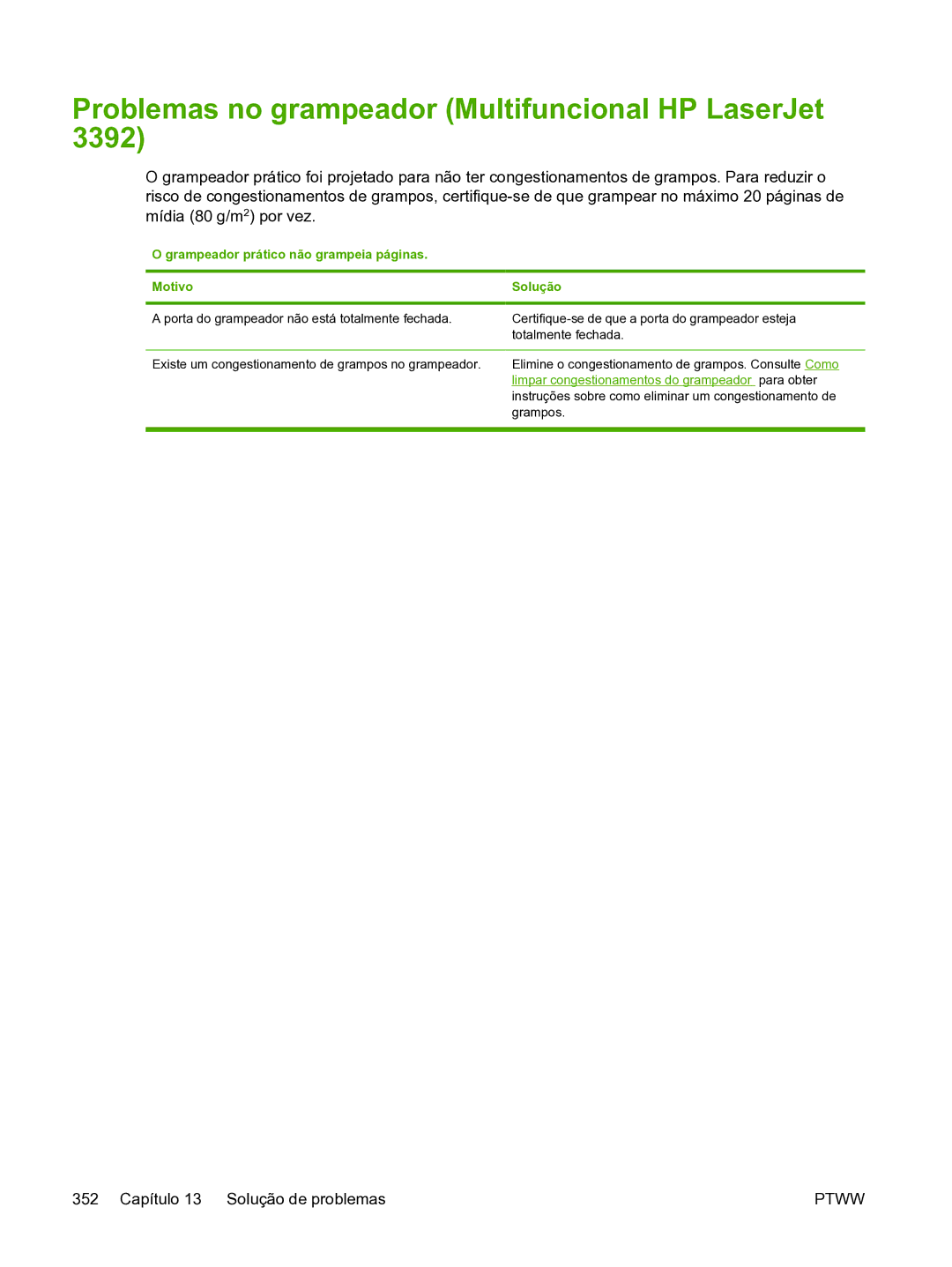 HP 3390 manual Problemas no grampeador Multifuncional HP LaserJet, Grampeador prático não grampeia páginas Motivo 