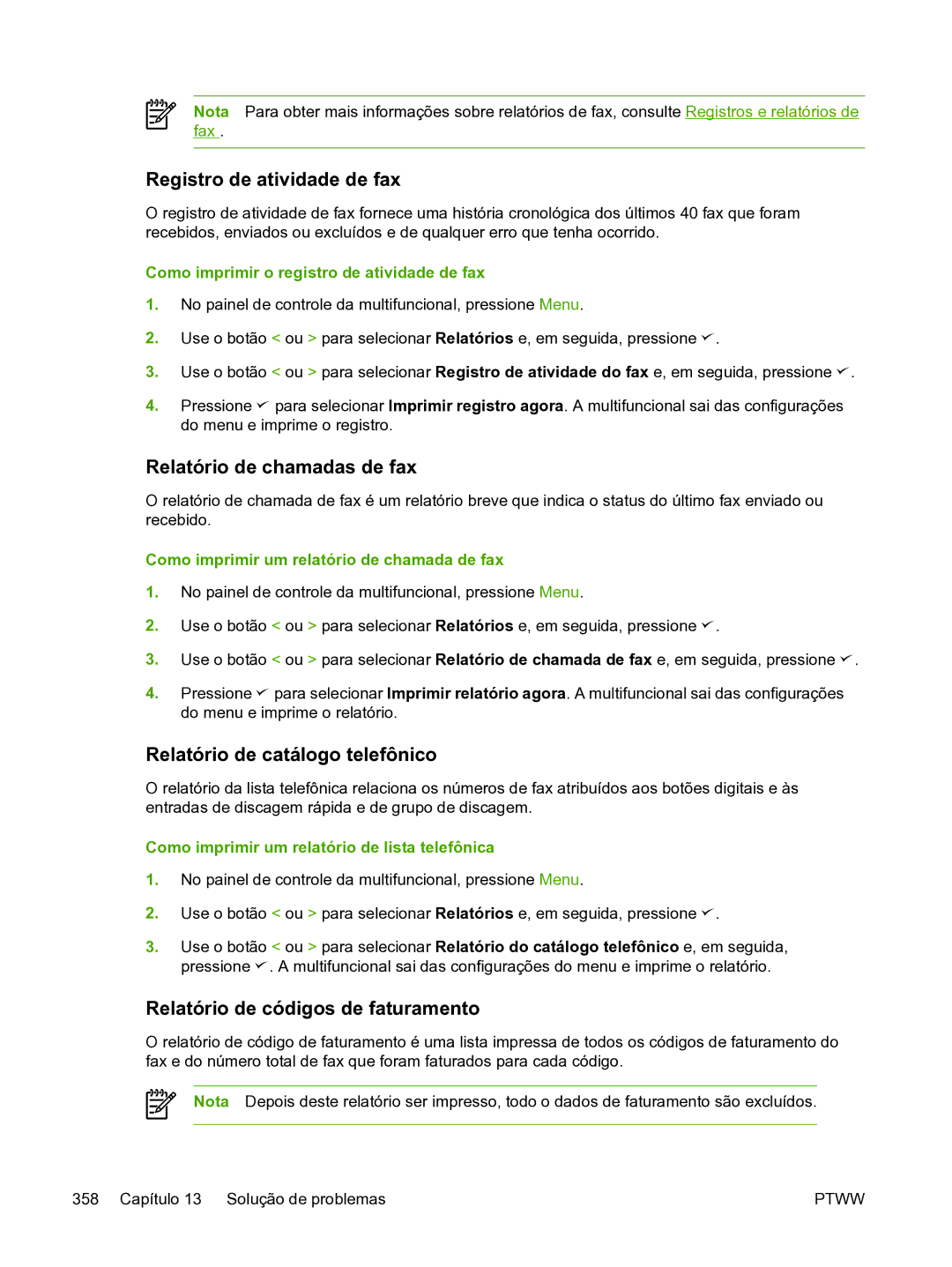 HP 3390 manual Registro de atividade de fax, Relatório de chamadas de fax, Relatório de catálogo telefônico 