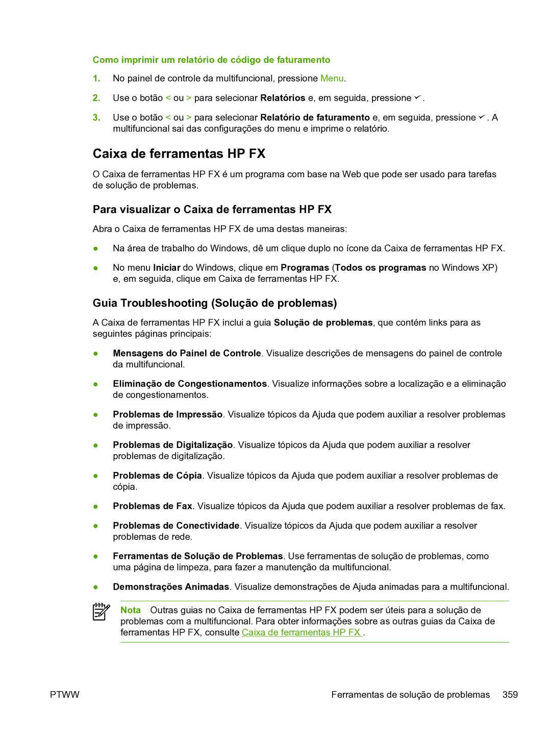 HP 3390 manual Para visualizar o Caixa de ferramentas HP FX, Guia Troubleshooting Solução de problemas 