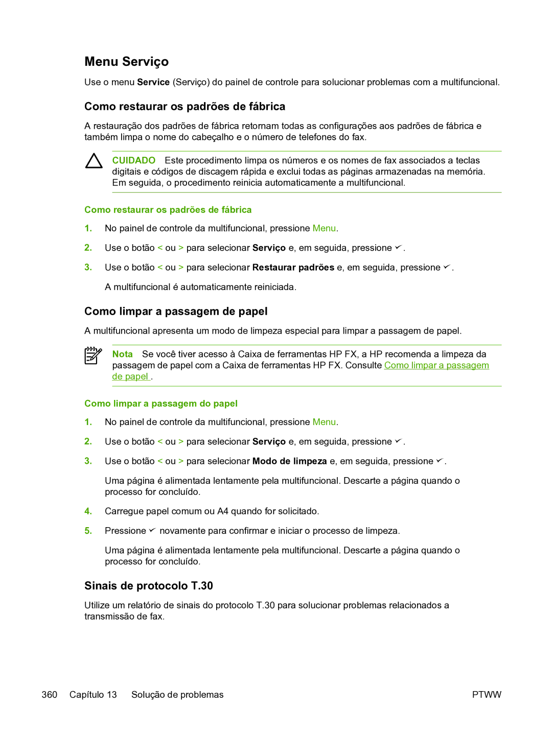 HP 3390 Menu Serviço, Como restaurar os padrões de fábrica, Como limpar a passagem de papel, Sinais de protocolo T.30 