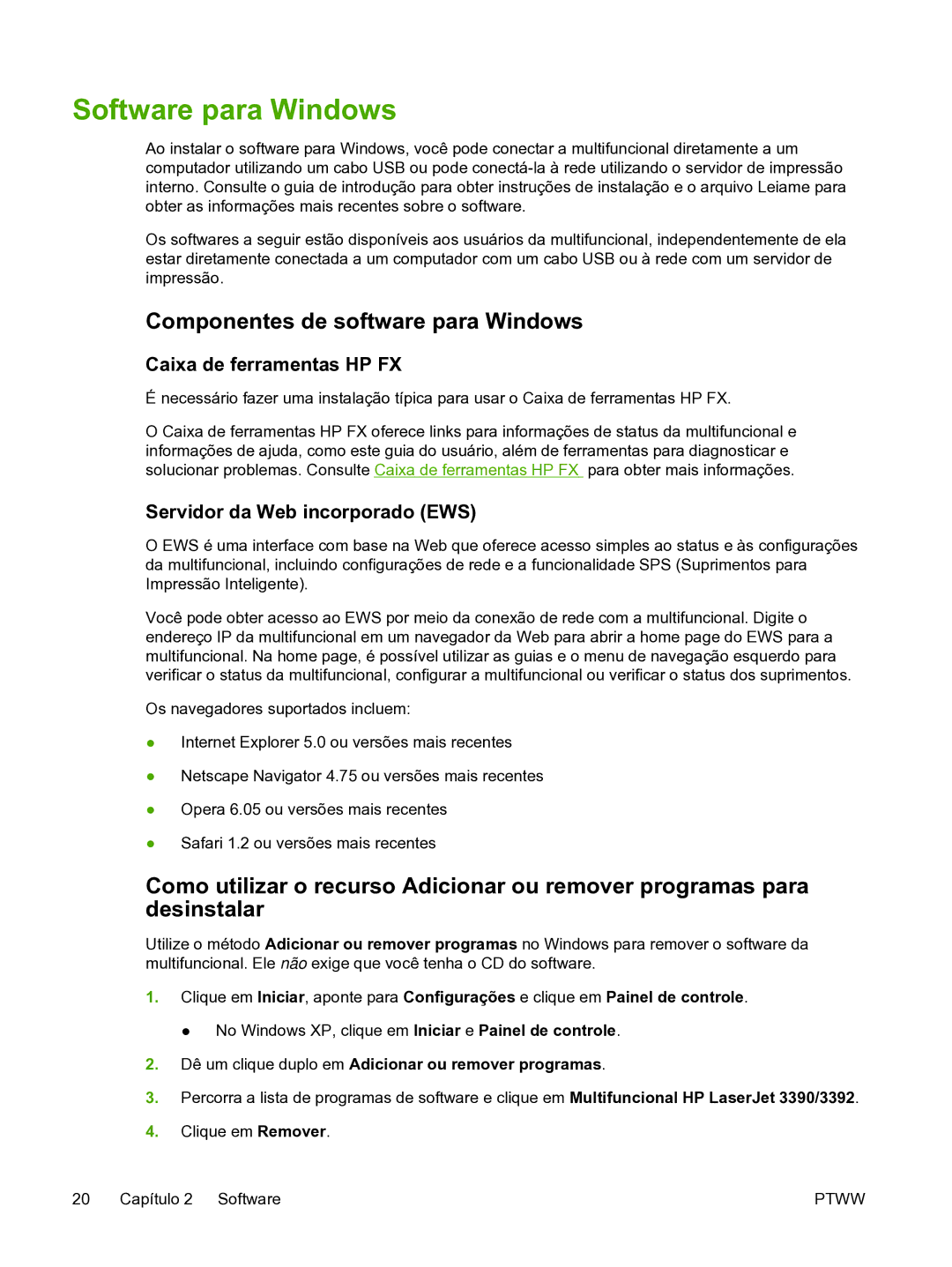 HP 3390 manual Software para Windows, Componentes de software para Windows, Caixa de ferramentas HP FX 