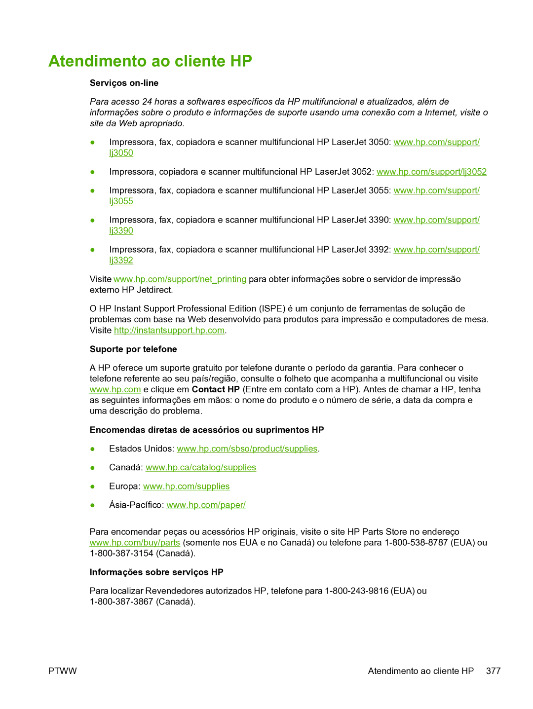HP 3390 manual Atendimento ao cliente HP, Serviços on-line 
