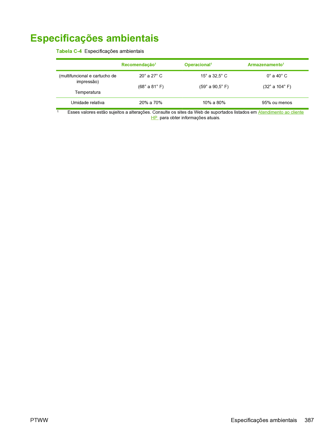 HP 3390 manual Tabela C-4Especificações ambientais, Recomendação Operacional Armazenamento 