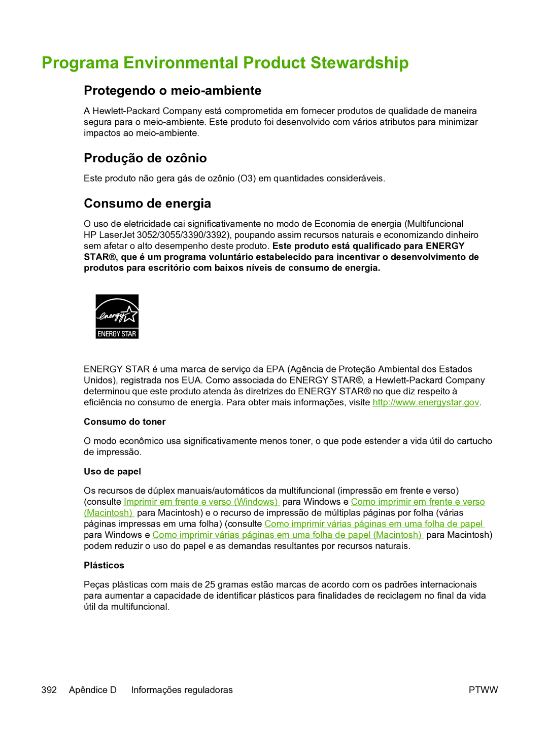 HP 3390 Programa Environmental Product Stewardship, Protegendo o meio-ambiente, Produção de ozônio, Consumo de energia 