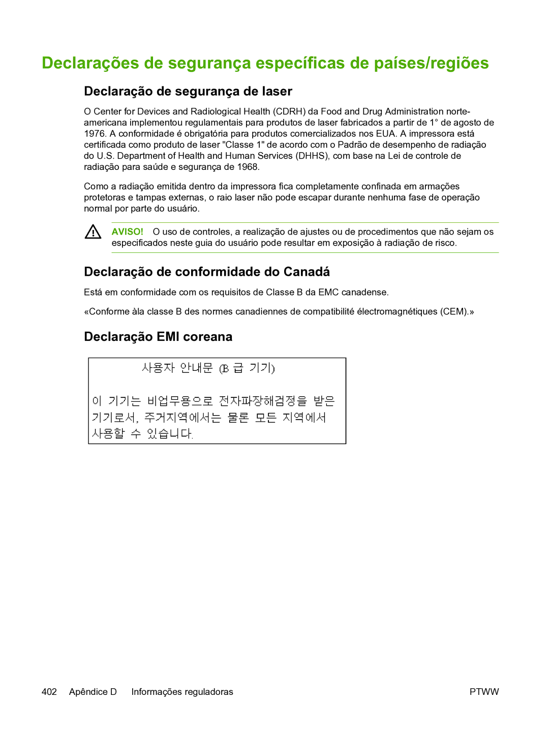 HP 3390 Declarações de segurança específicas de países/regiões, Declaração de segurança de laser, Declaração EMI coreana 