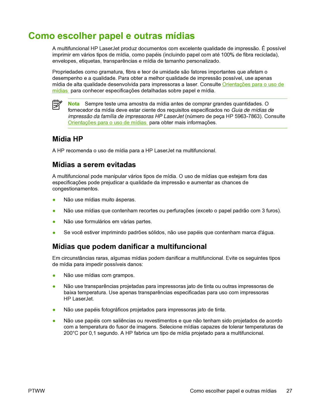 HP 3390 manual Como escolher papel e outras mídias, Mídia HP, Mídias a serem evitadas 