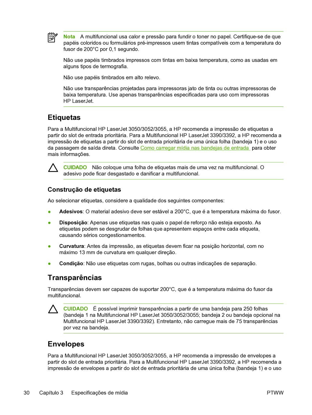 HP 3390 manual Etiquetas, Transparências, Envelopes, Construção de etiquetas 