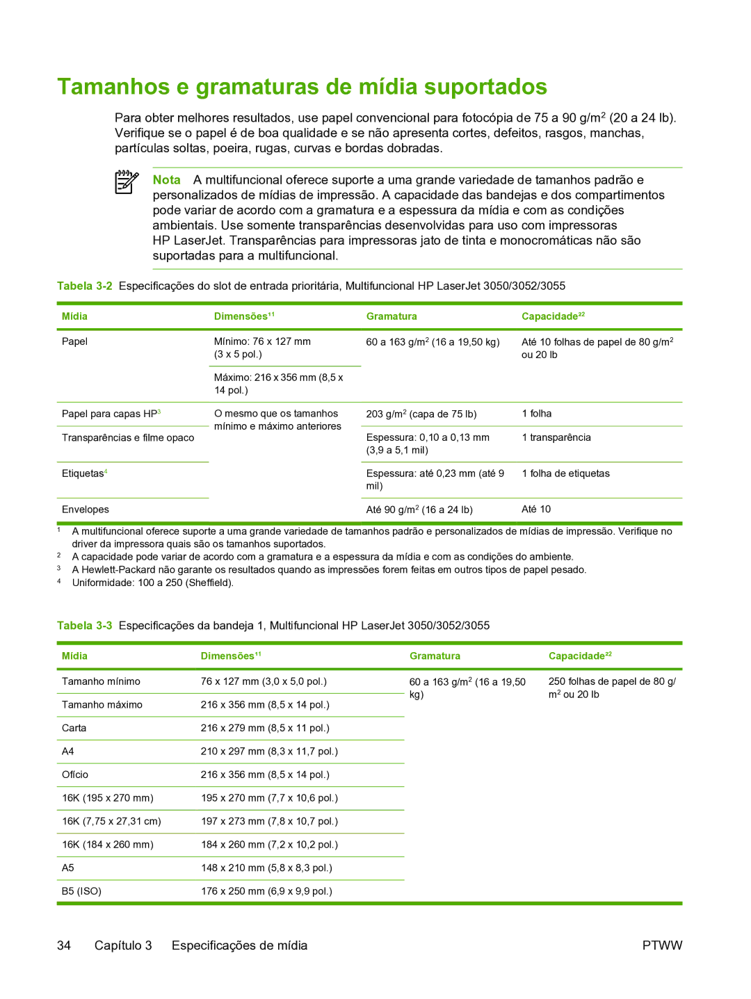 HP 3390 manual Tamanhos e gramaturas de mídia suportados, Mídia Dimensões¹1 Gramatura Capacidade²2 