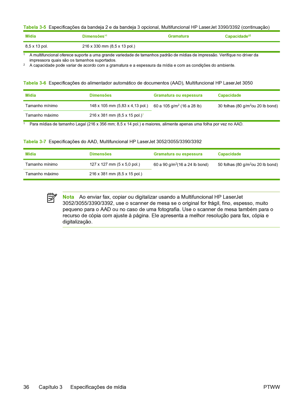 HP 3390 manual Mídia Dimensões Gramatura ou espessura Capacidade 