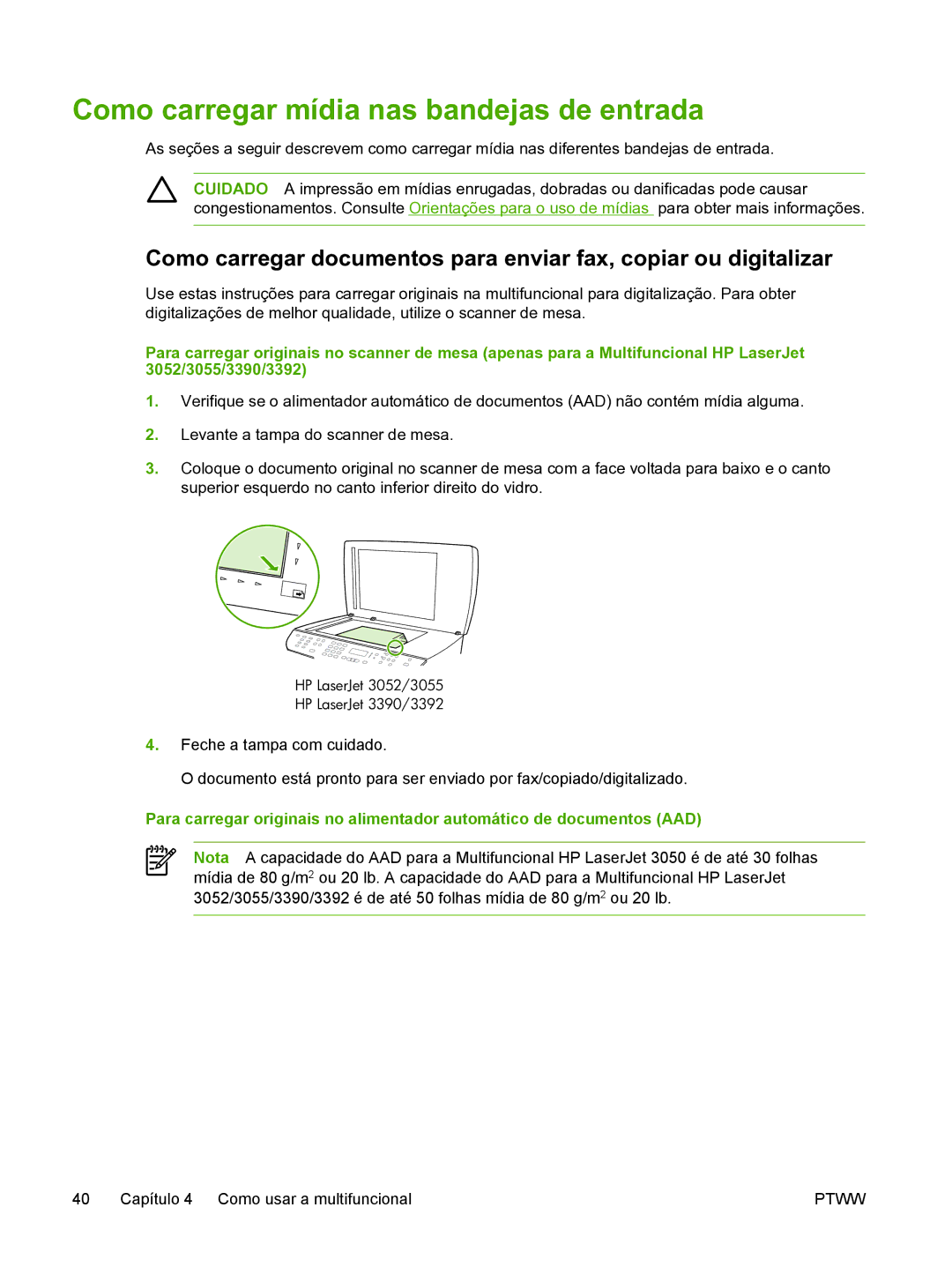 HP manual Como carregar mídia nas bandejas de entrada, HP LaserJet 3052/3055 HP LaserJet 3390/3392 