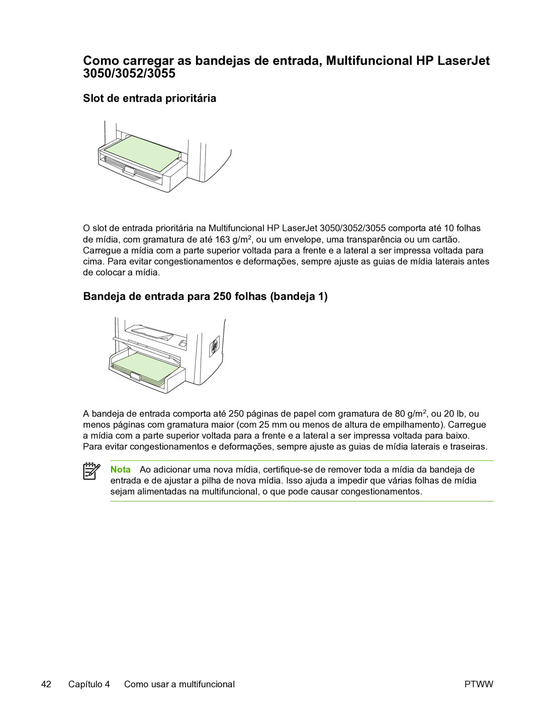 HP 3390 manual Slot de entrada prioritária, Bandeja de entrada para 250 folhas bandeja 