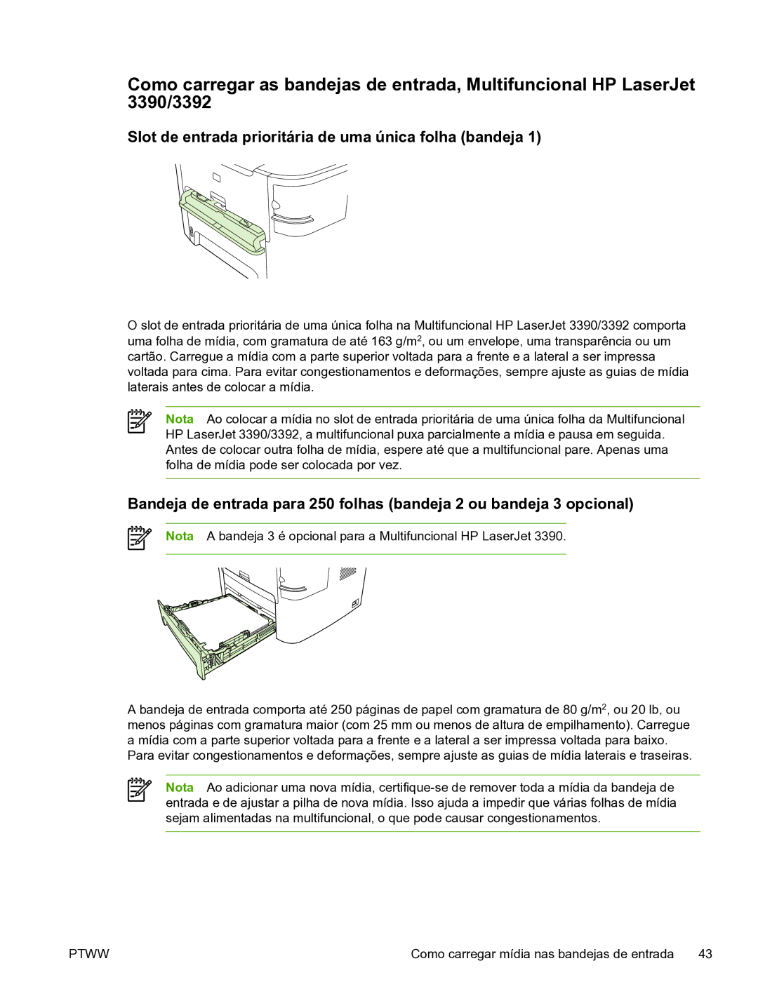 HP 3390 manual Slot de entrada prioritária de uma única folha bandeja 