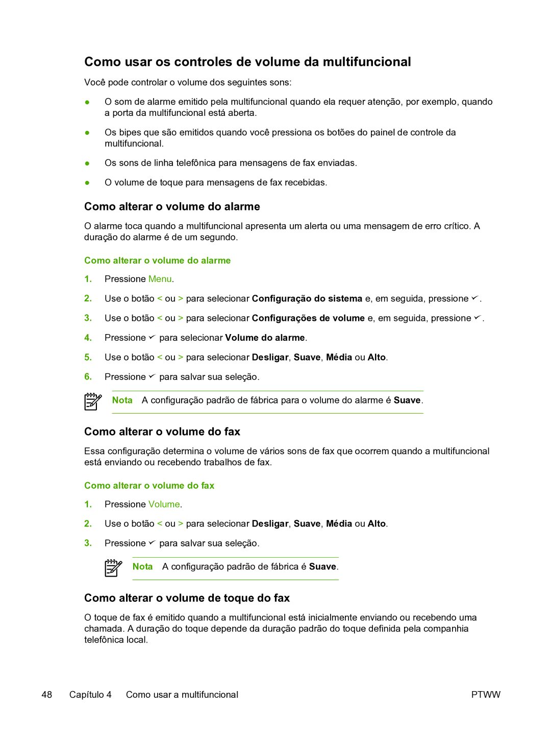 HP 3390 Como usar os controles de volume da multifuncional, Como alterar o volume do alarme, Como alterar o volume do fax 