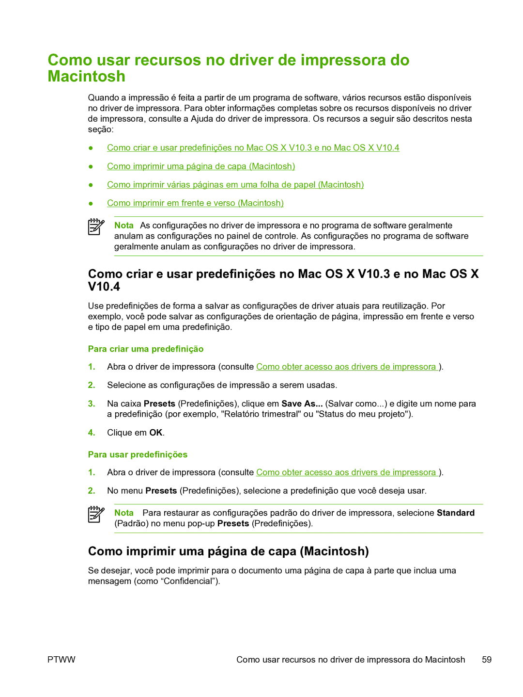 HP 3390 manual Como usar recursos no driver de impressora do Macintosh, Como imprimir uma página de capa Macintosh 