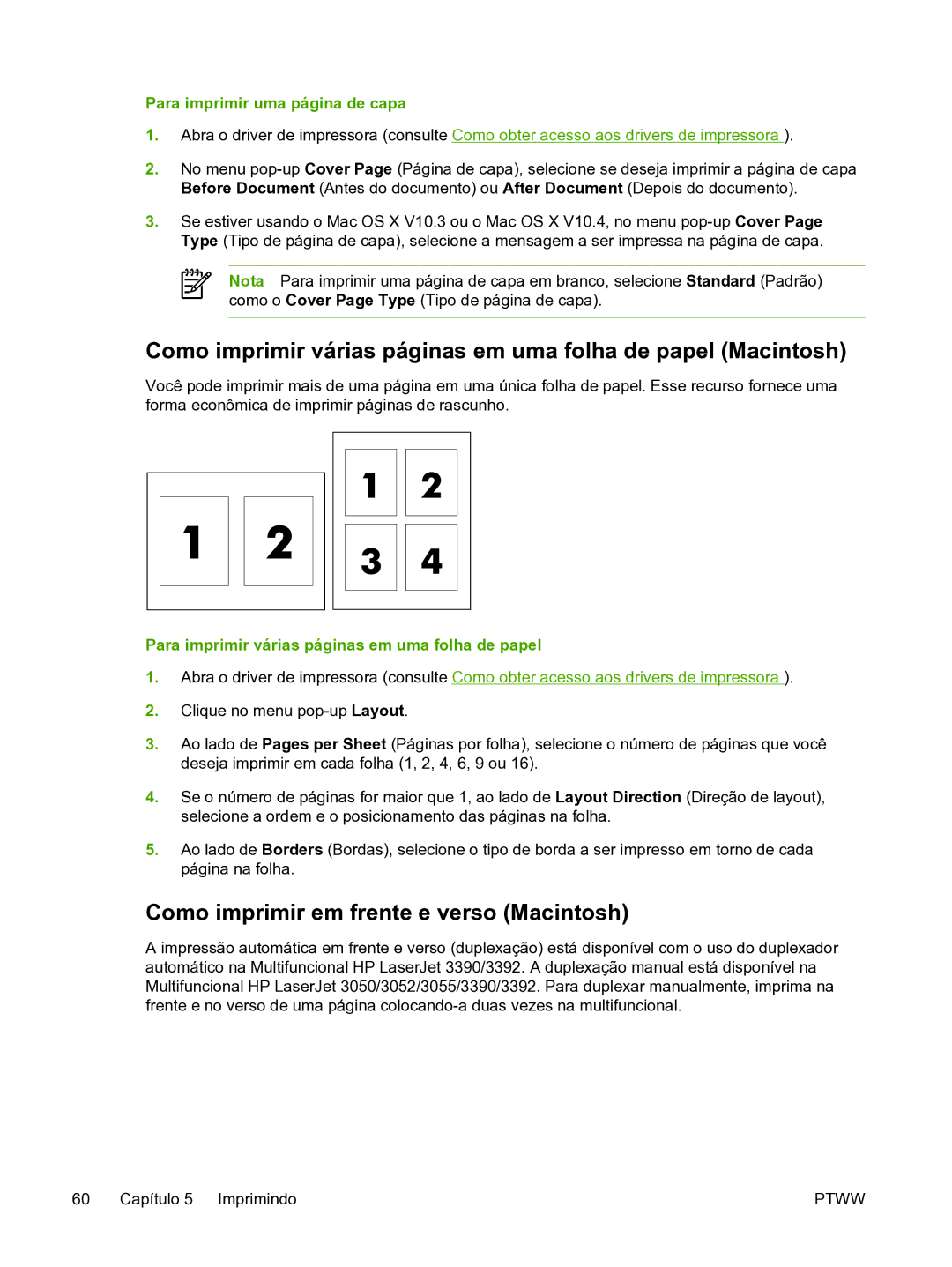 HP 3390 manual Como imprimir em frente e verso Macintosh, Para imprimir uma página de capa 