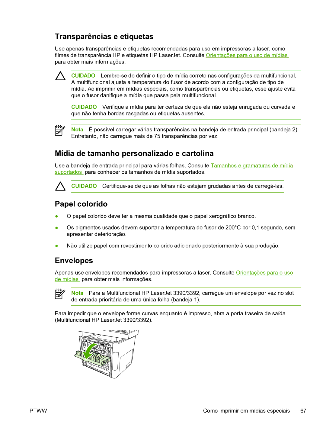 HP 3390 manual Transparências e etiquetas, Mídia de tamanho personalizado e cartolina, Papel colorido 