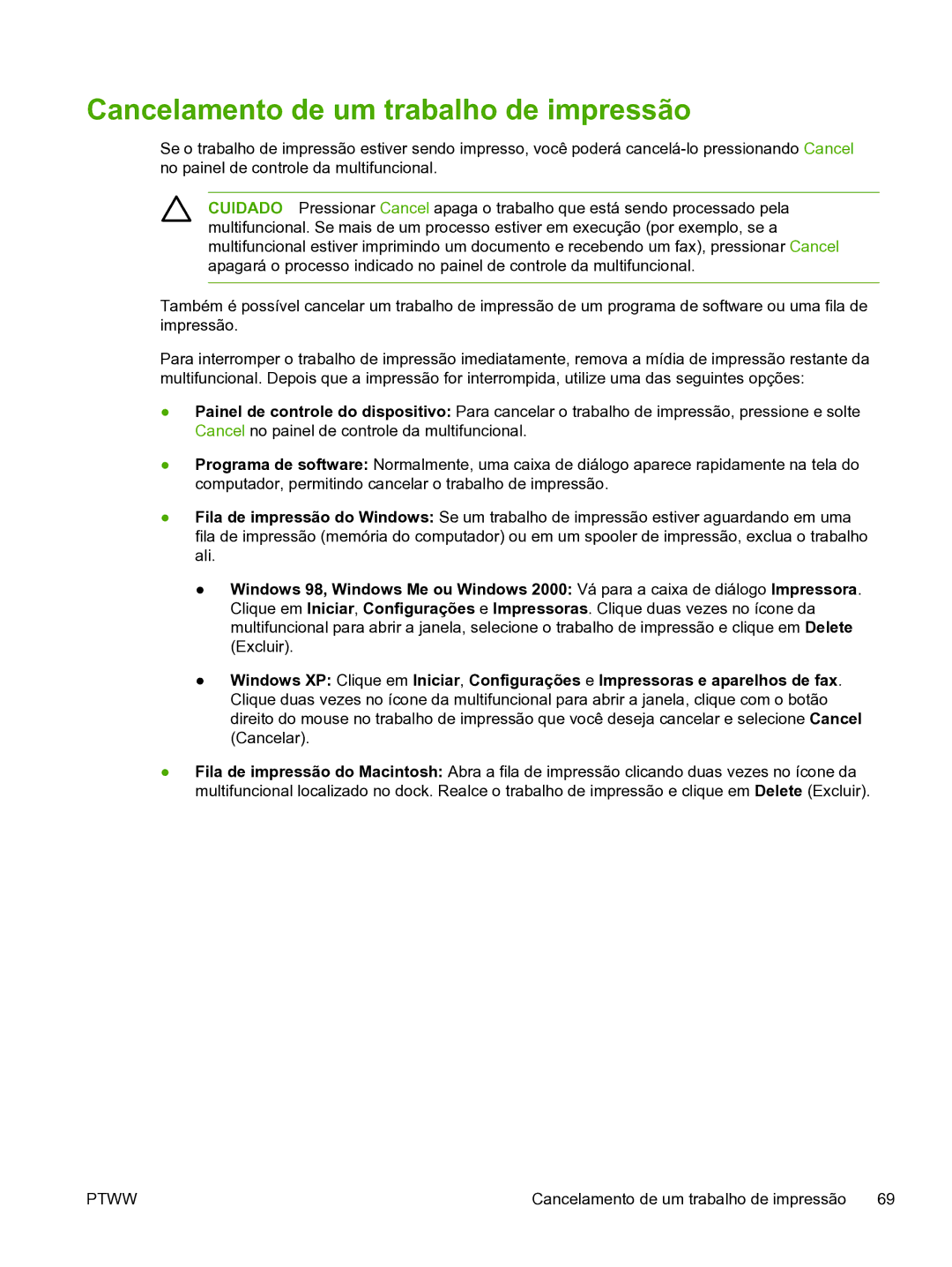 HP 3390 manual Cancelamento de um trabalho de impressão 