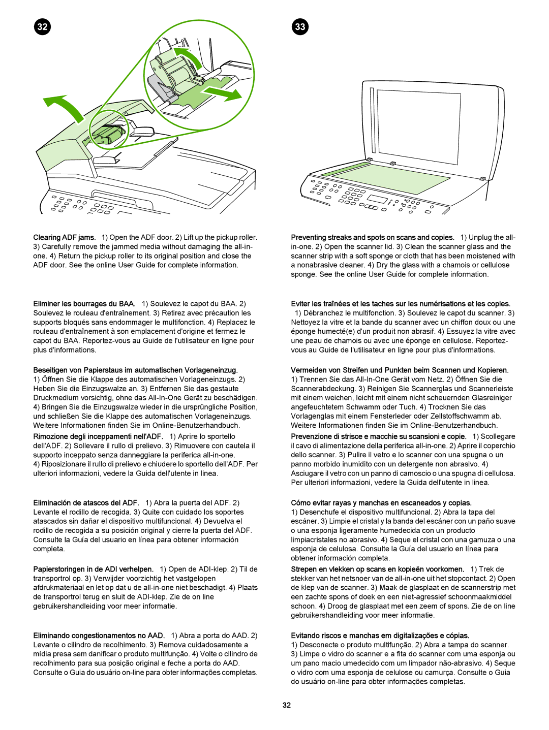 HP 3392 manual Cómo evitar rayas y manchas en escaneados y copias, Evitando riscos e manchas em digitalizações e cópias 