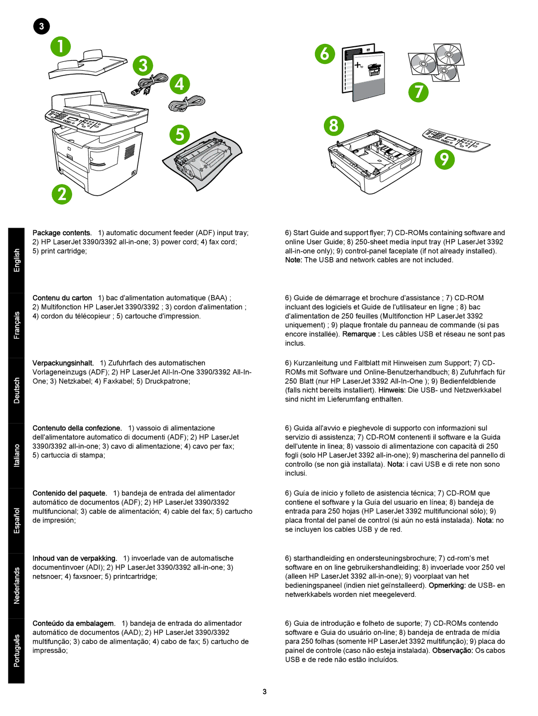 HP 3392 manual Contenuto della confezione vassoio di alimentazione 