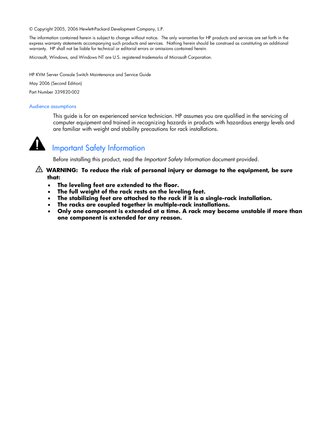 HP 339820-002 manual Important Safety Information 