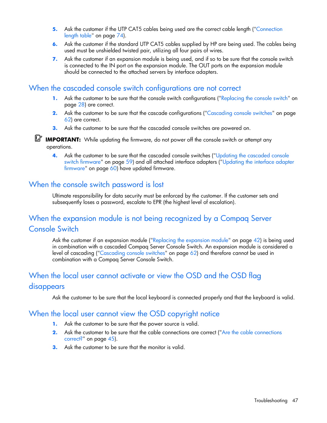 HP 339820-002 manual When the console switch password is lost, When the local user cannot view the OSD copyright notice 