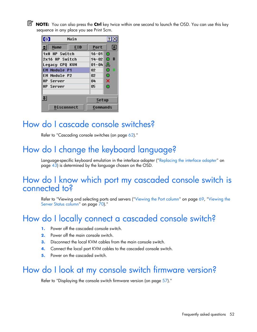 HP 339820-002 manual How do I cascade console switches?, How do I change the keyboard language? 