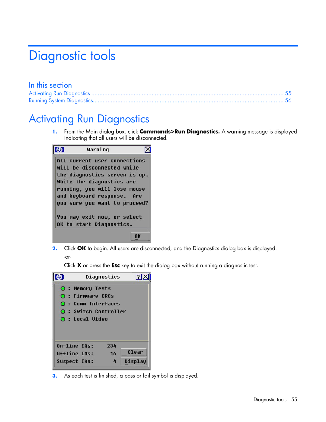 HP 339820-002 manual Diagnostic tools, Activating Run Diagnostics 