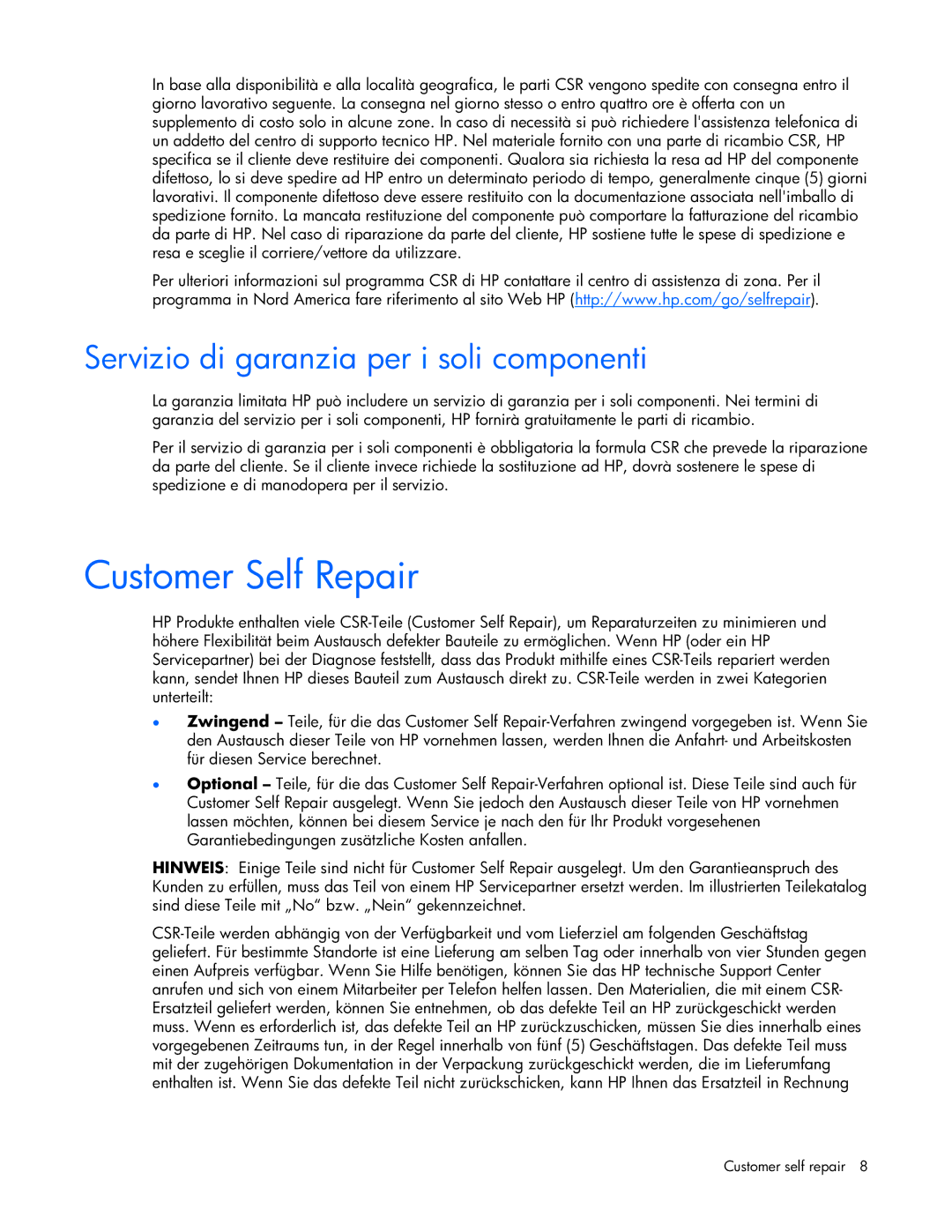 HP 339820-002 manual Servizio di garanzia per i soli componenti 