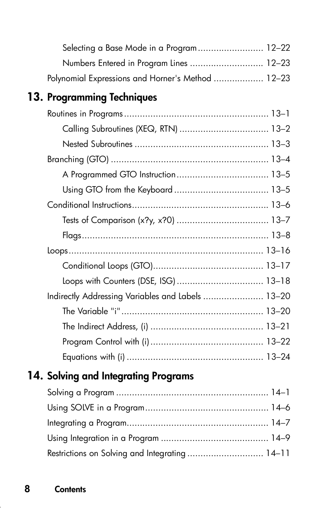 HP 33s Scientific manual 13-2, 13-3, Branching GTO 13-4, 13-5, Conditional Instructions 13-6, 13-7, 13-18, 14-6 