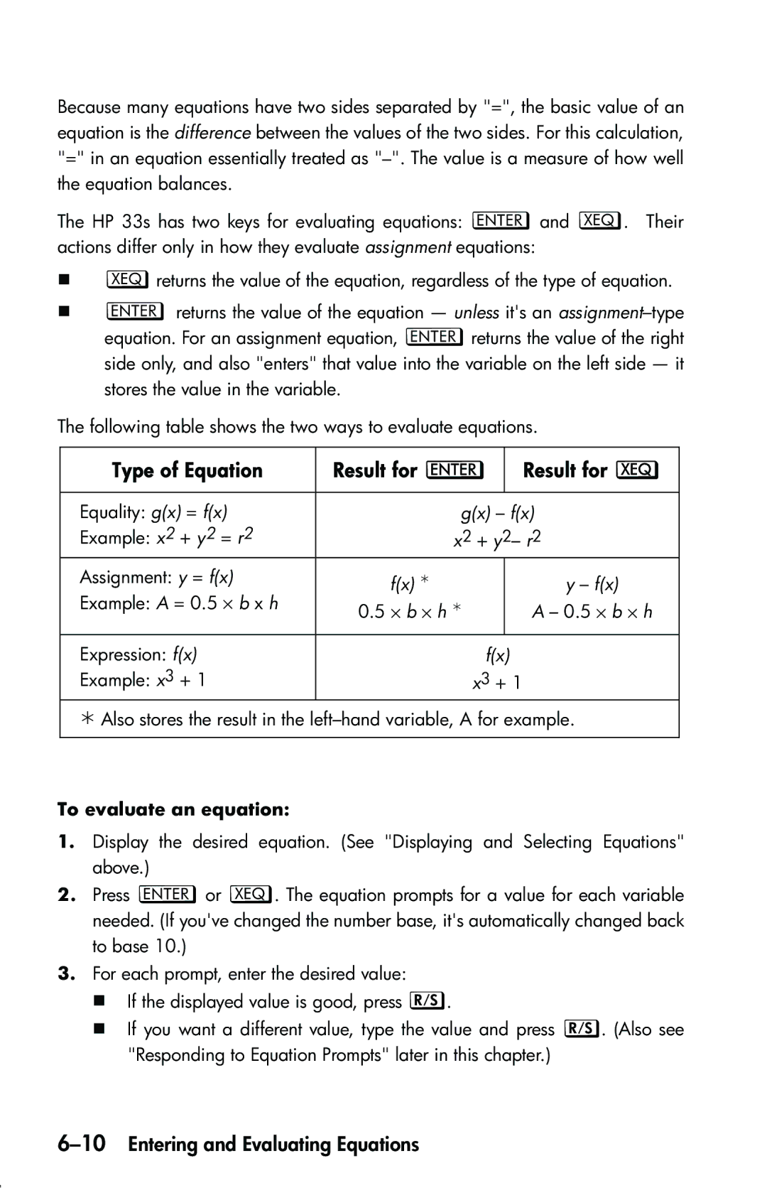 HP 33s Scientific manual Type of Equation Result for ‘, 10Entering and Evaluating Equations, Fx ¼, To evaluate an equation 