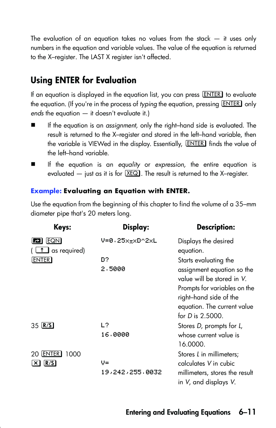 HP 33s Scientific manual Using Enter for Evaluation, Example Evaluating an Equation with Enter 