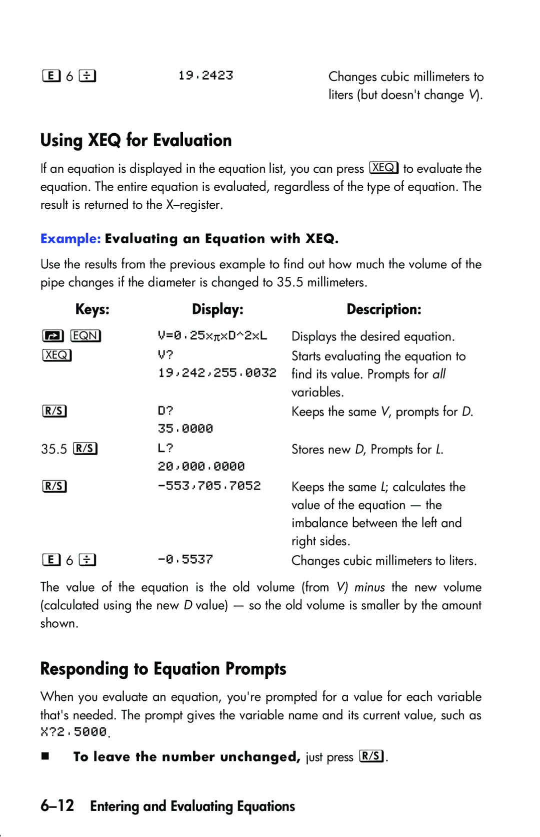 HP 33s Scientific manual Using XEQ for Evaluation, Responding to Equation Prompts, 12Entering and Evaluating Equations 