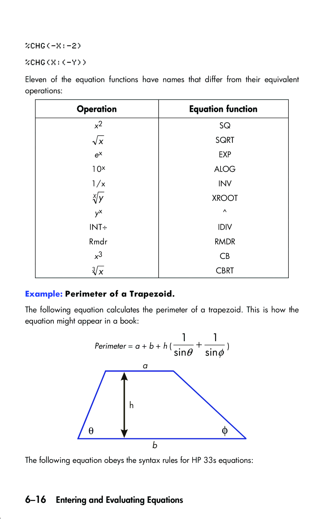 HP 33s Scientific manual Operation Equation function, 16Entering and Evaluating Equations, Example Perimeter of a Trapezoid 