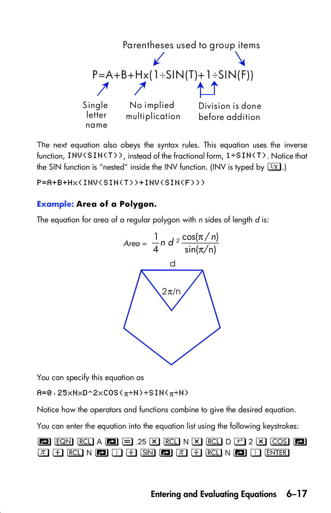 HP 33s Scientific manual HLA ’.25 zLN zLD 2 zR NqLN `qONqLN `‘, Cos π / n, Example Area of a Polygon, Area = 