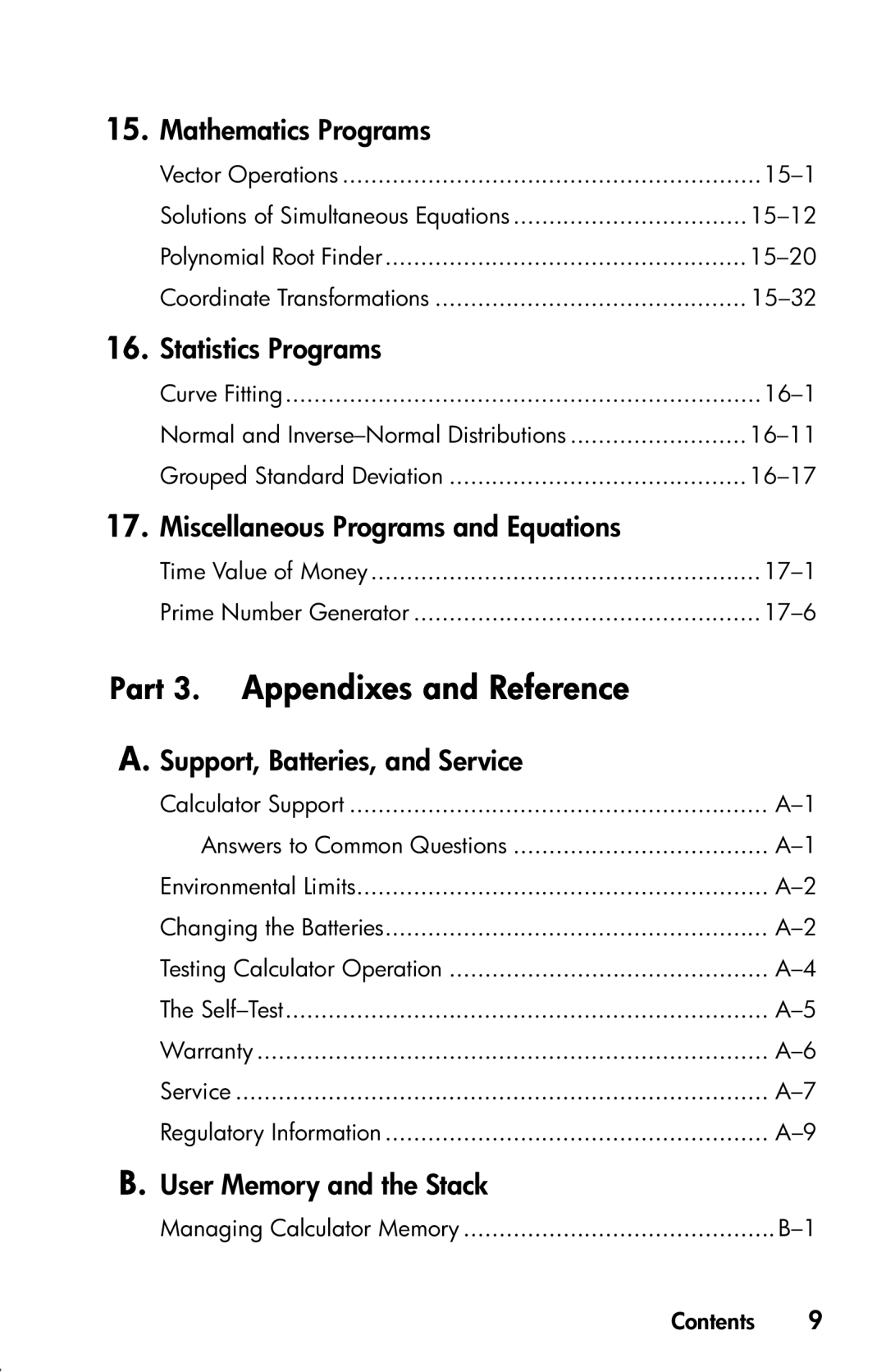 HP 33s Scientific Part 3. Appendixes and Reference, Vector Operations 15-1, 15-12, Managing Calculator Memory Contents 