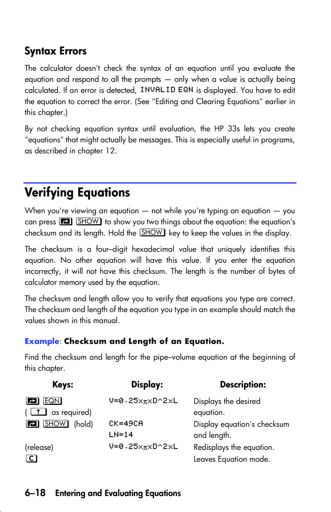 HP 33s Scientific manual Verifying Equations, Syntax Errors, 18Entering and Evaluating Equations 